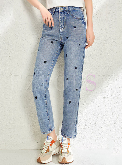 High Waisted Letter Embroidered Straight Jeans