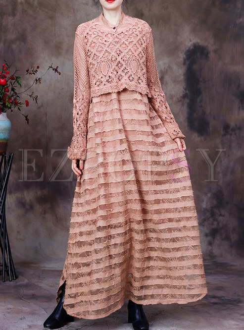Plus Size Shift Jacquard Long Dress With Openwork Tee
