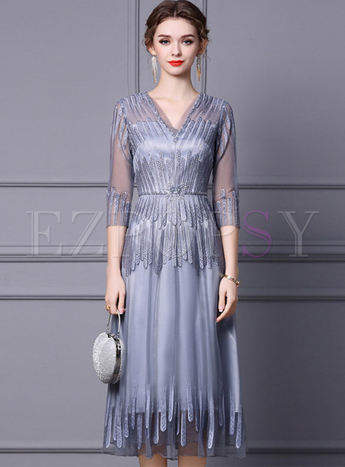 Dresses | Maxi Dresses | V-neck Mesh Embroidered Long Party Bridesmaid ...