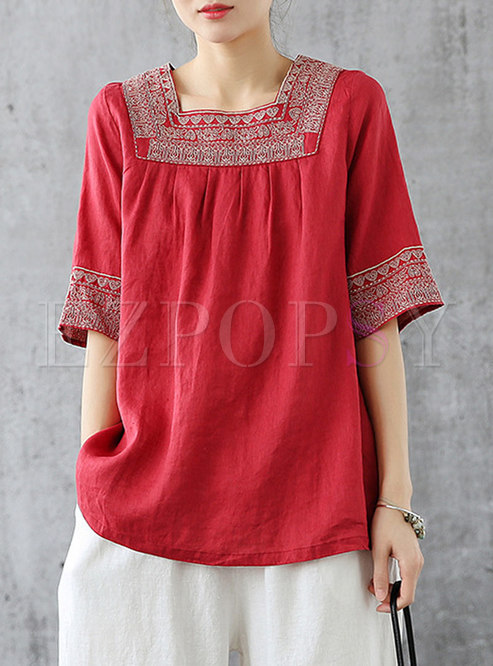 Square Neck Embroidered Pullover Linen Tee