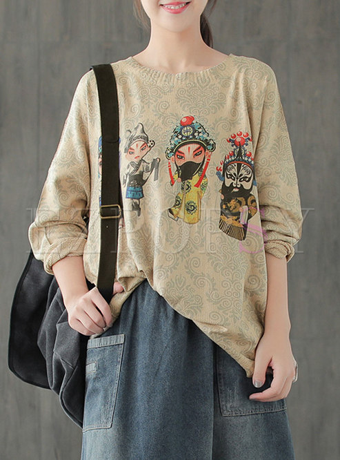 Casual Crew Neck Print Pullover Loose Sweater