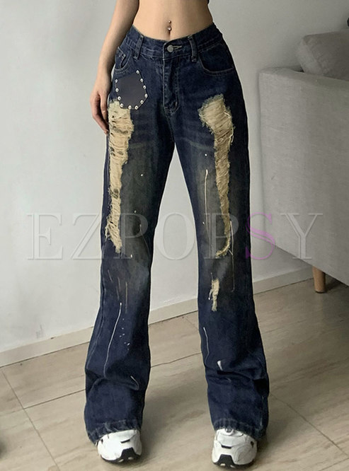 Retro High Waisted Wide Leg Ripped Jeans