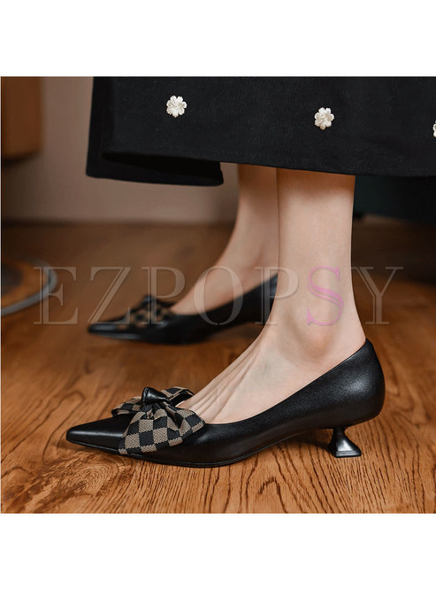 Pointed Toe Plaid Bowknot Low Heel Shoes