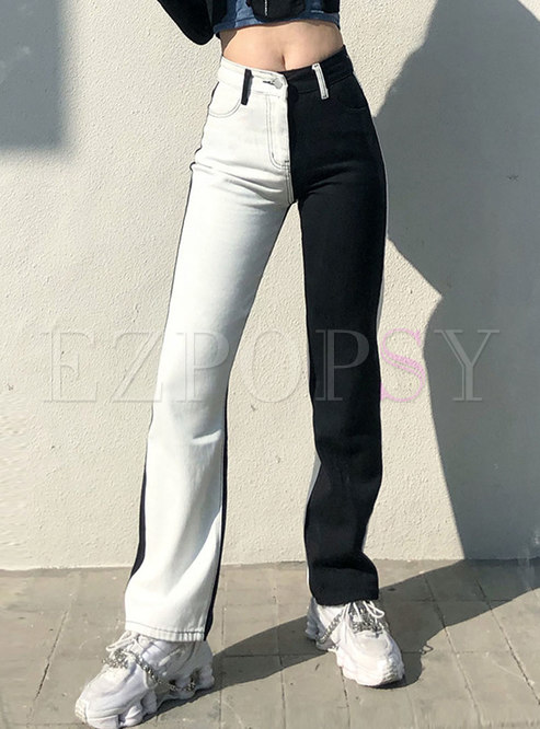 Color-blocked High Waisted Straight Jeans