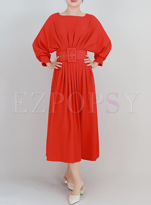 Lantern Sleeve Belted Ruched A Line Cocktail Dress
