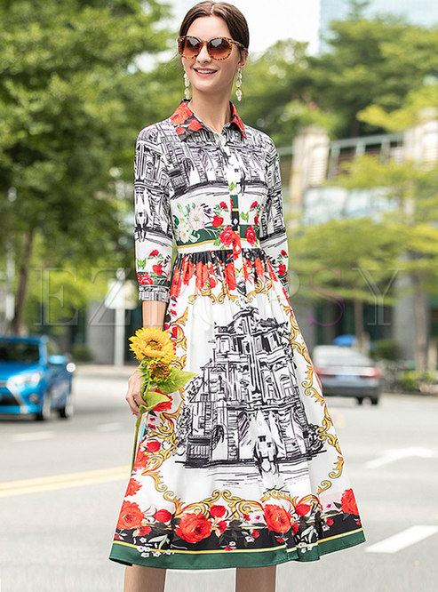 Retro Turn-down Collar Floral A Line Pleated Dress