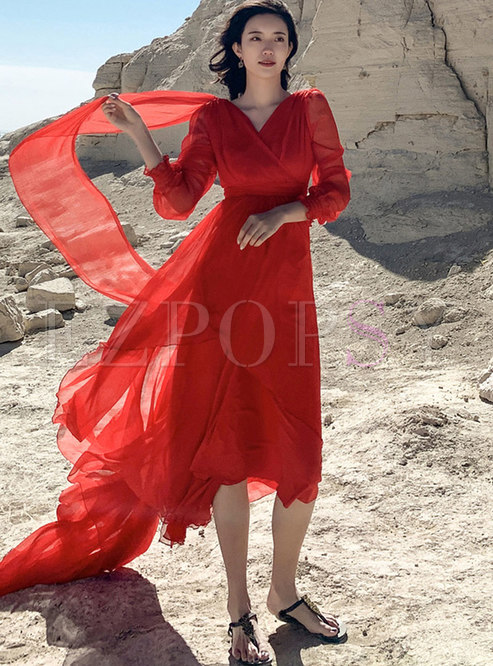 Red Lantern Sleeve Backless Chiffon Asymmetric Dress