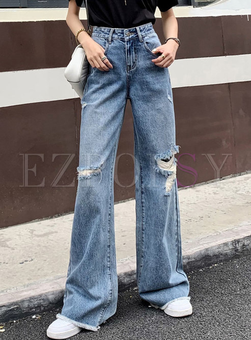 High Waisted Ripped Jean Wide Leg Pants