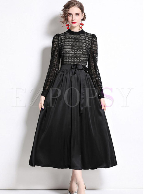 Mock Neck Puff Sleeve Lace Patchwork Maxi Dress