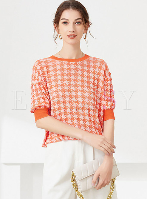 Crew Neck Houndstooth Batwing Sleeve Knit Top