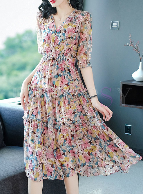 V-neck Half Sleeve Print Silk Midi Dress