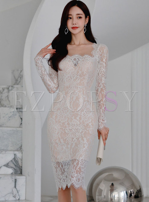 Square Neck Long Sleeve Lace Bodycon Dress
