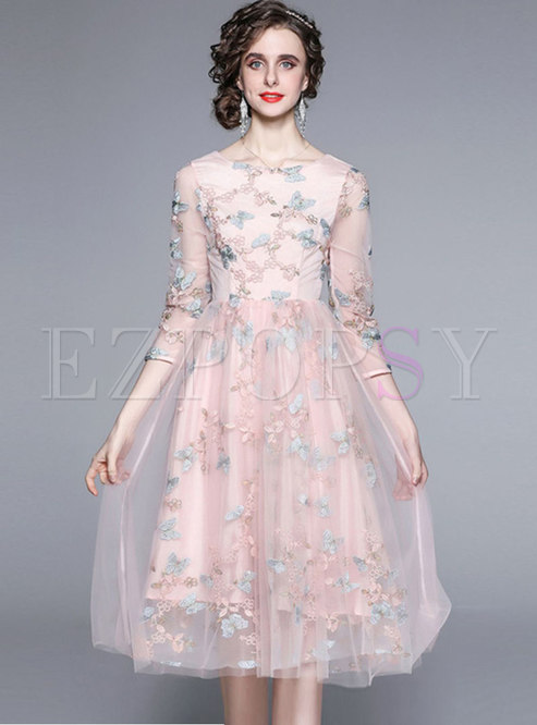Pink Mesh Embroidered A Line Midi Bridesmaid Dress