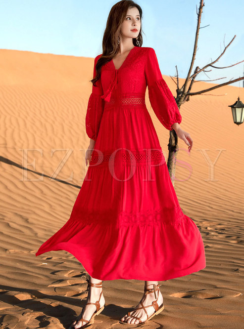 Red Puff Sleeve A Line Boho Beach Maxi Dress