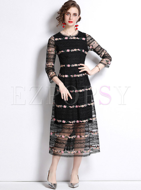 Crew Neck Sheer Mesh Lace Embroidered Maxi Dress