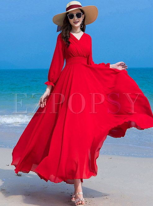 Red Long Sleeve Big Hem Chiffon Beach Maxi Dress