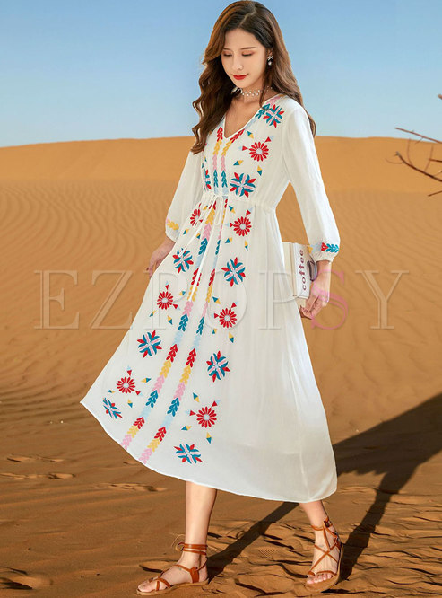 Boho V-neck Embroidered A Line Beach Maxi Dress