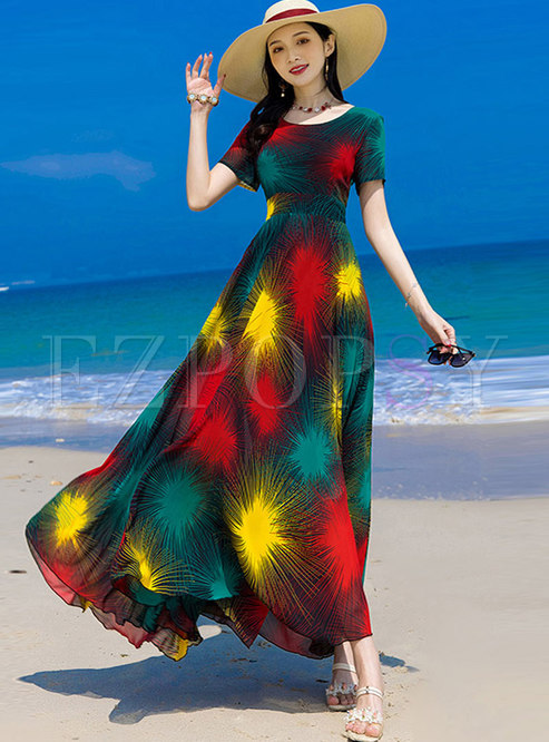 Boho Print Short Sleeve Big Hem Beach Dress