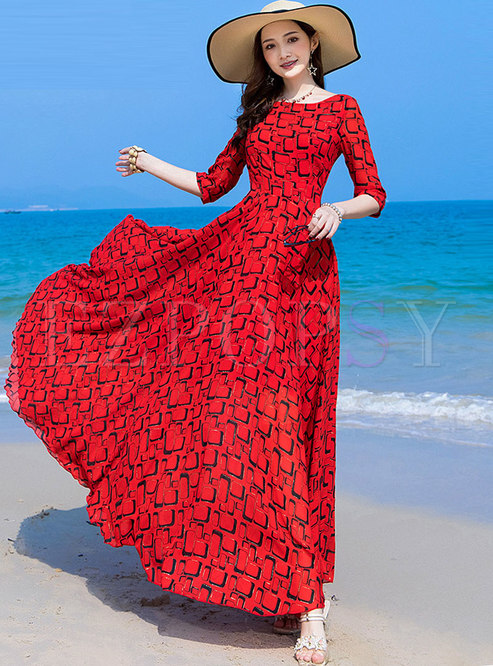 Red Geometric Pattern Chiffon Big Hem Boho Dress