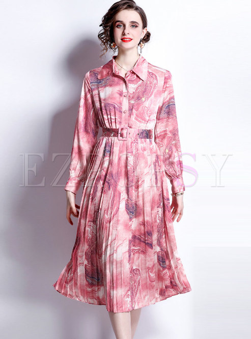 Pink Long Sleeve Print Belted Pleated Midi Shirt Dress