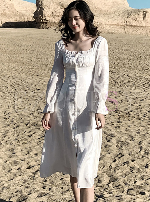 Square Neck Long Sleeve A Line Midi Beach Dress