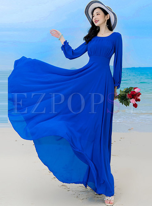 Boho Blue Long Sleeve Chiffon Beach Maxi Dress