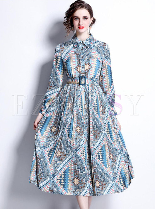 Casual Long Sleeve Floral Belted Maxi Dress