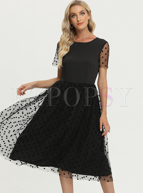Black Polka Dot Mesh Patchwork A Line Dress