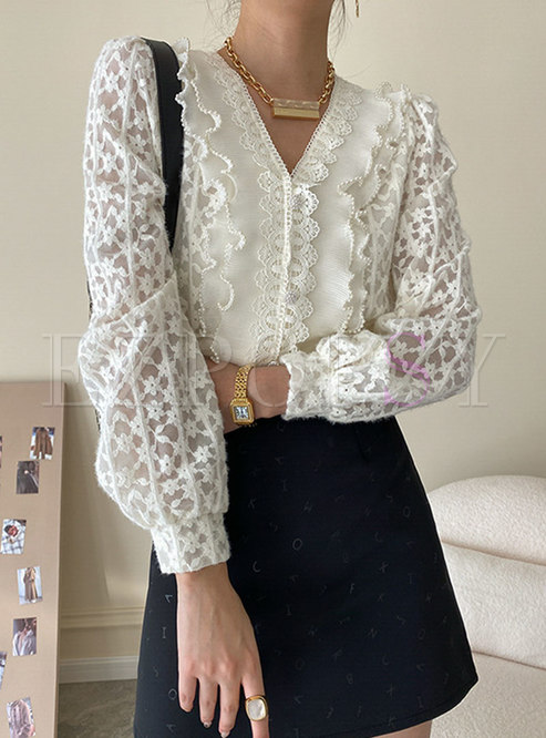 V-neck Lace Pullover Ruffle Loose Blouse