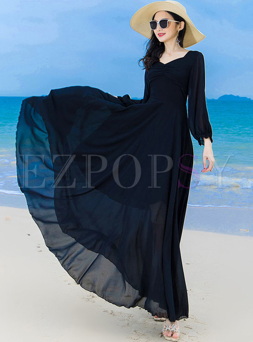 Long Sleeve Chiffon Big Hem Beach Maxi Dress