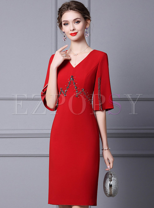 V Neck Casual Work Bodycon Cocktail Party Pencil Dress