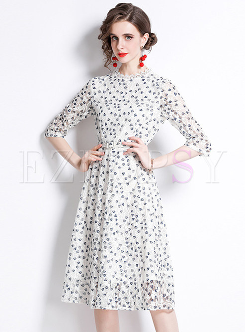 Floral Embroidery Mesh Round Neck Tunic Dress