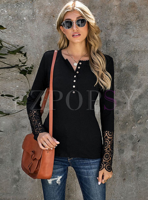 Seamless Long Sleeve Crew Neck Lace Top