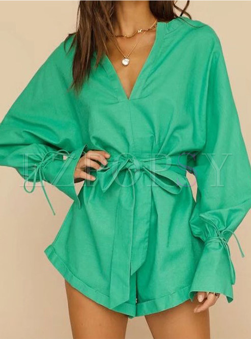 Summer Short Sleeve Belted Jumpsuits Rompers
