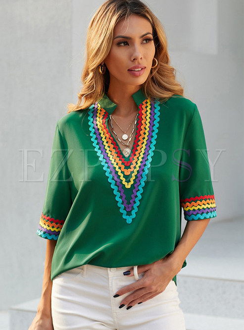 Embroidered Tops Short Sleeve Bohemian V-Neck Loose Blouses