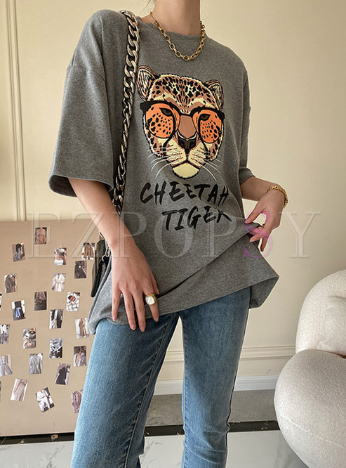 Women's Tiger Printed Short Sleeve Casual T-shirt Top