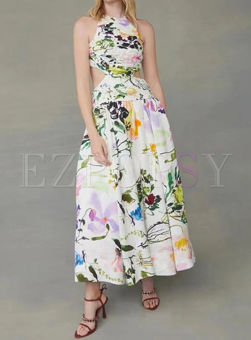 Sleeveless Hollow Out Vintage Floral Print Maxi Dress