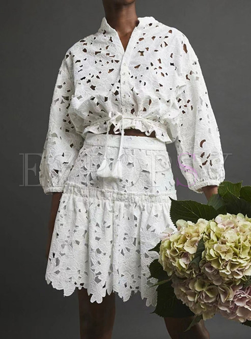 Embroidered Blouse Top and Flared Short Skirt 