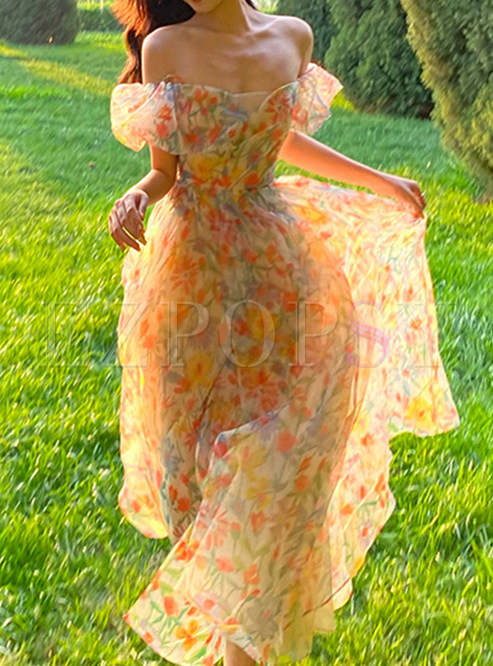 Off Shoulder Floral Printed Elegant Long Dress