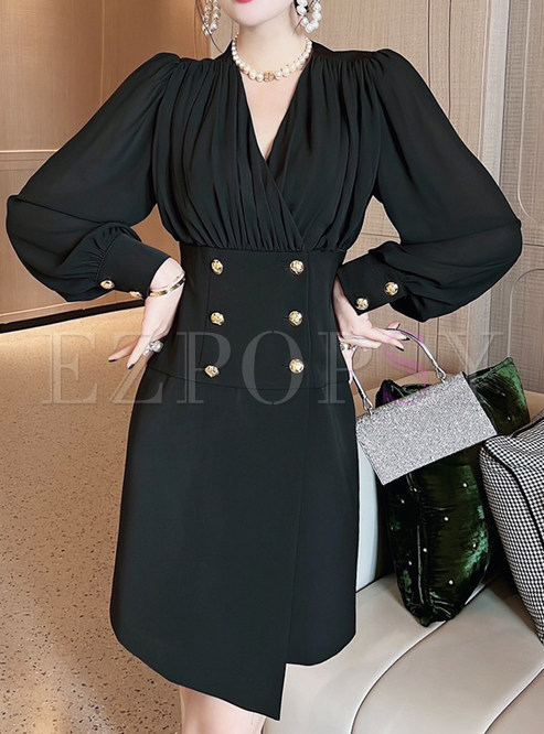 V-Neck Long Sleeve Ruched Bodycon Dress
