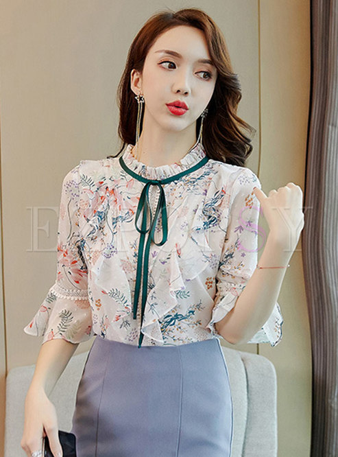 Floral Fashion Short Sleeve Lapel Fungus Side Tops Blouse