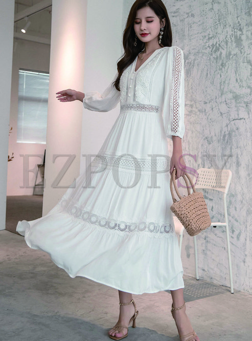 Elegant Long Sleeve Slim White Maxi Dresses