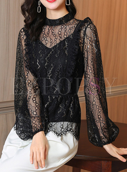 Lace Embroidered Elastic Waist Blouses Top