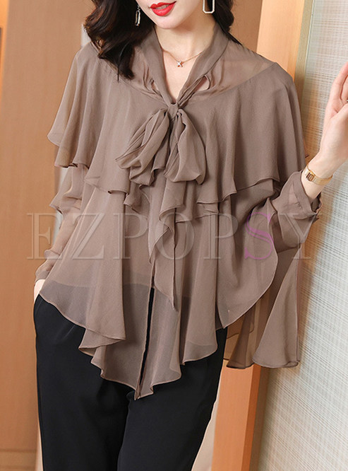 Thin Transparent Ruffle Bow Tie Neck Blouse