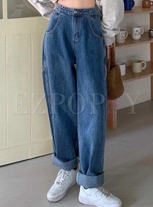 Women's Fashion High Waisted Wide Leg Straight Baggy Jeans