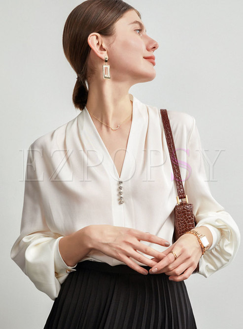 Women Classic V-Neck Loose Silk Shirt Top