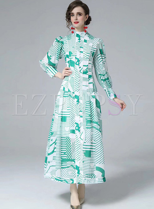 Elegant Single-Breasted Geometric Print Maxi Dresses