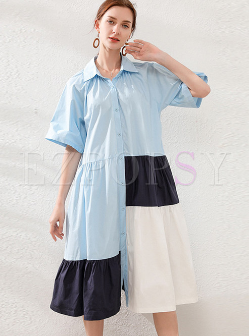 Short Sleeve Color-Blocked Casual Midi Shirt Dresses