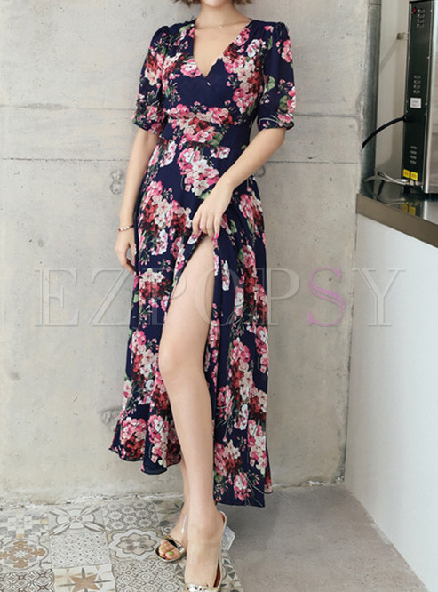 Summer Chiffon V-Neck Floral Print Side Slit Beach Dresses
