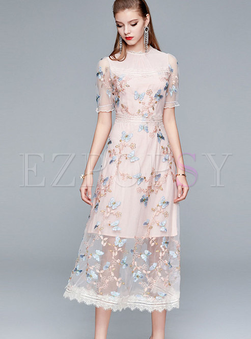 Summer Short Sleeve Embroidery Lace Midi Dress